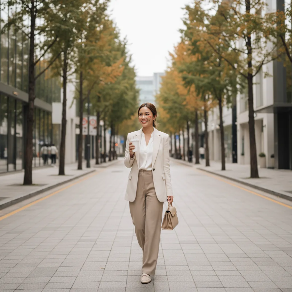 Thai woman walking along a tree-lined street in Cheongdam Seoul after an aesthetic clinic visit