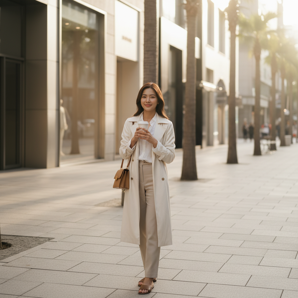Thai woman in her late twenties, natural makeup, walking on a sunlit Apgujeong street in Seoul holding a coffee cup, looking relaxed and refreshed