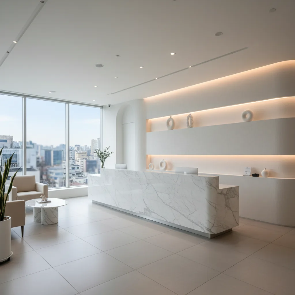 Minimal modern aesthetic clinic reception area in Gangnam, Seoul — white marble counter, soft recessed lighting