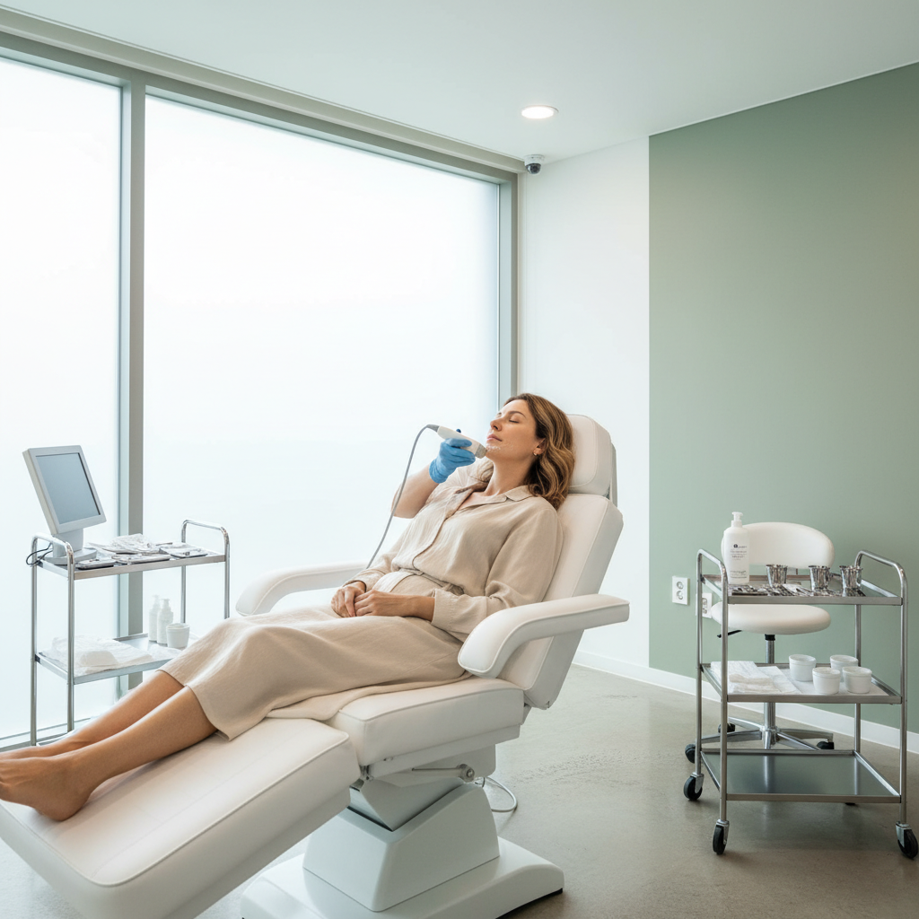 Caucasian woman reclining in a high-end Seoul aesthetic clinic treatment chair while a gloved practitioner positions an ultrasound device near her jawline