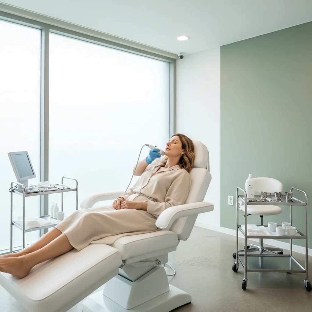 Caucasian woman reclining in a high-end Seoul aesthetic clinic treatment chair while a gloved practitioner positions an ultrasound device near her jawline