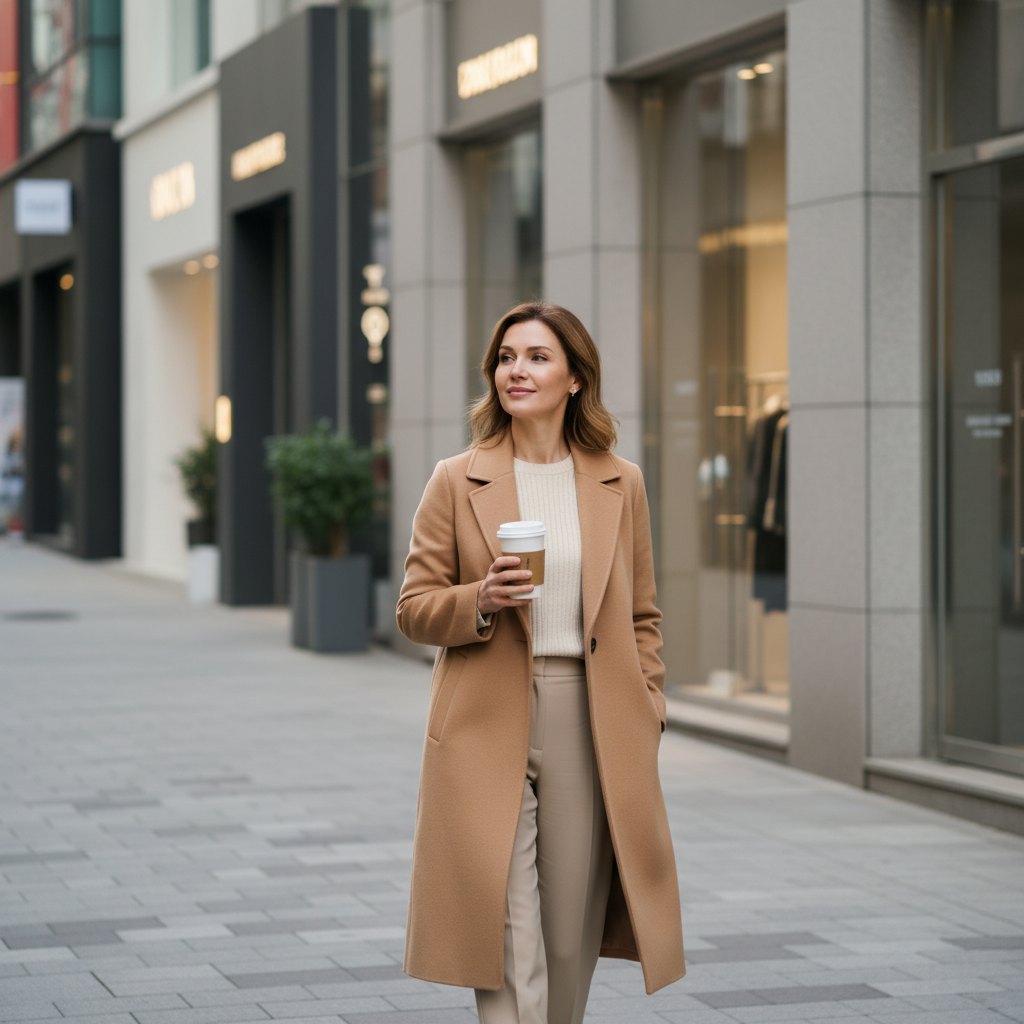 Woman walking an Apgujeong street in the afternoon after a Seoul aesthetic clinic visit