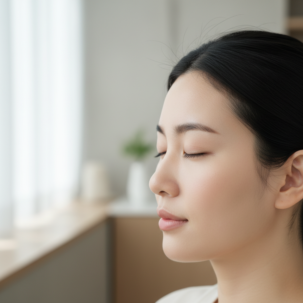 Close-up profile of a young woman showing a softly defined upper eyelid crease in natural side light