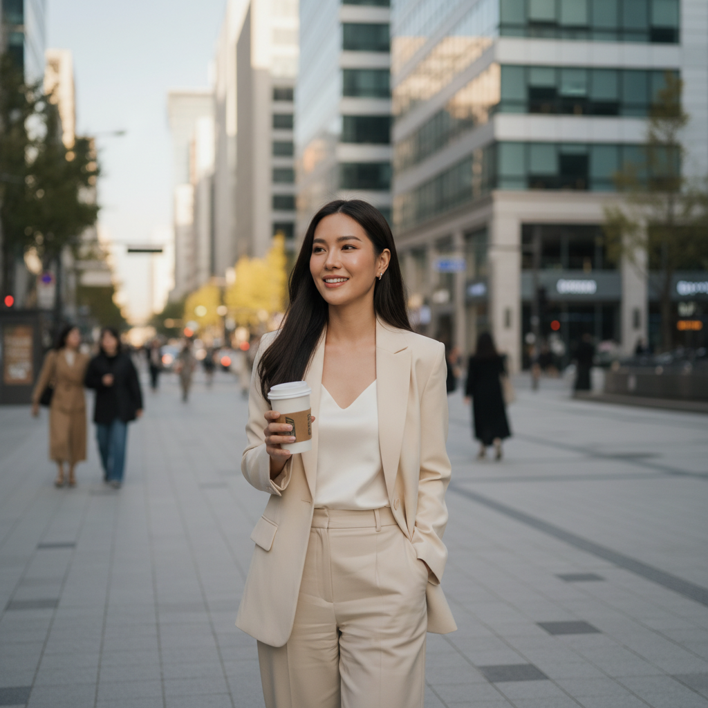Thai woman walking on a modern Gangnam street in Seoul holding coffee, relaxed post-clinic expression