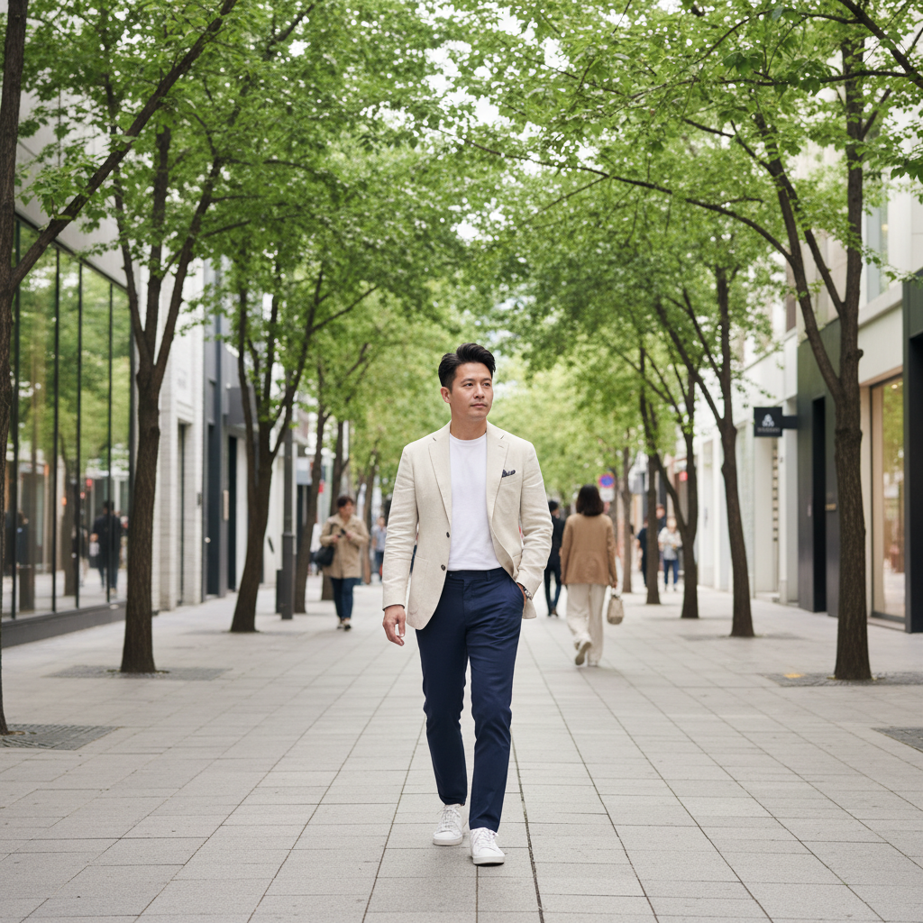 Filipino man in his mid-thirties walking confidently along a tree-lined Cheongdam street in Seoul on a bright afternoon