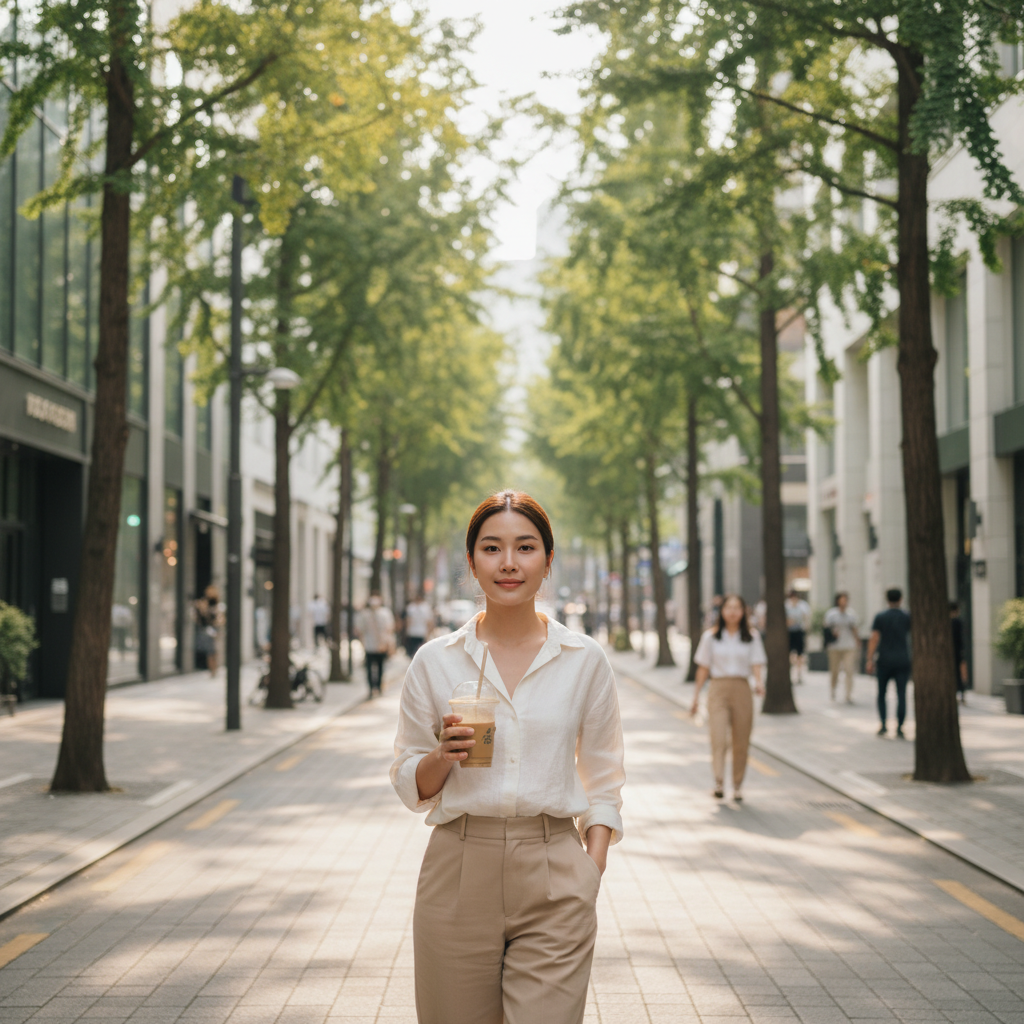 Thai woman in her late twenties walking on a sunlit Cheongdam street in Seoul holding an iced coffee with glowing post-treatment skin