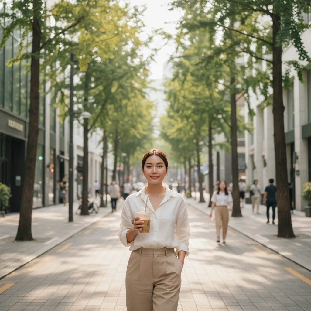 Thai woman in her late twenties walking on a sunlit Cheongdam street in Seoul holding an iced coffee with glowing post-treatment skin