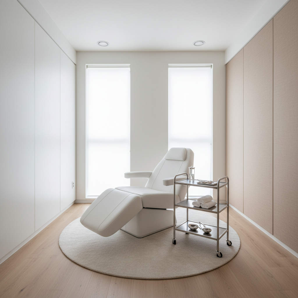 Modern aesthetic clinic treatment room in Gangnam, Seoul — clean white interior with treatment chair and minimal equipment
