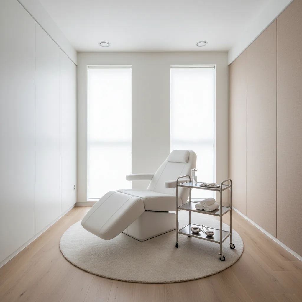 Modern aesthetic clinic treatment room in Gangnam, Seoul — clean white interior with treatment chair and minimal equipment