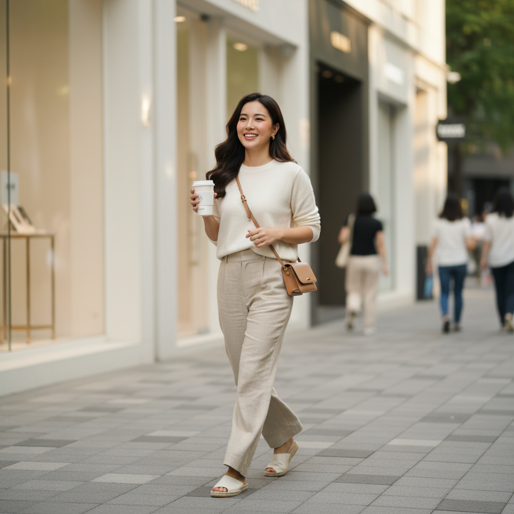 Southeast-Asian woman walking along an Apgujeong street in Seoul holding a takeaway coffee on a sunny afternoon, post-aesthetic-treatment lifestyle scene