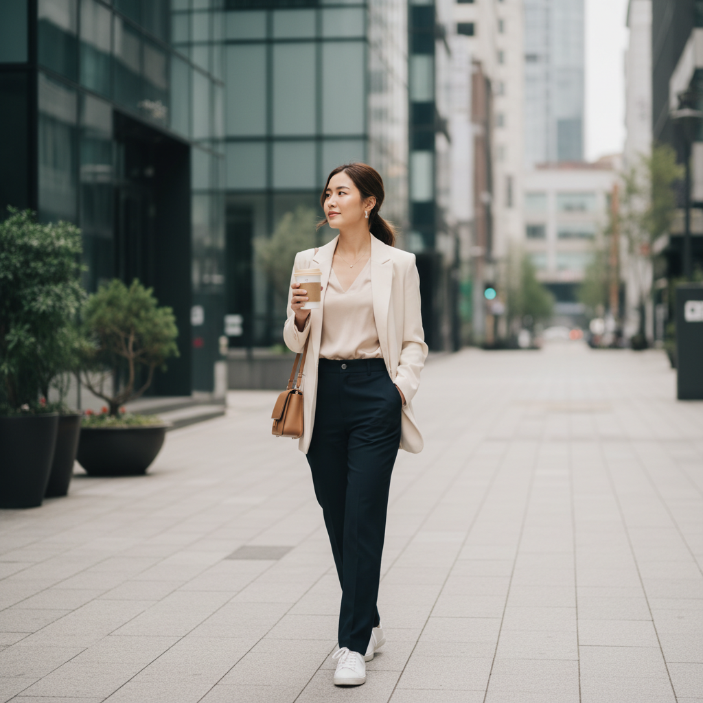 Thai woman in her late twenties walking along Sinnonhyeon street after a clinic visit, holding coffee, Gangnam buildings in background