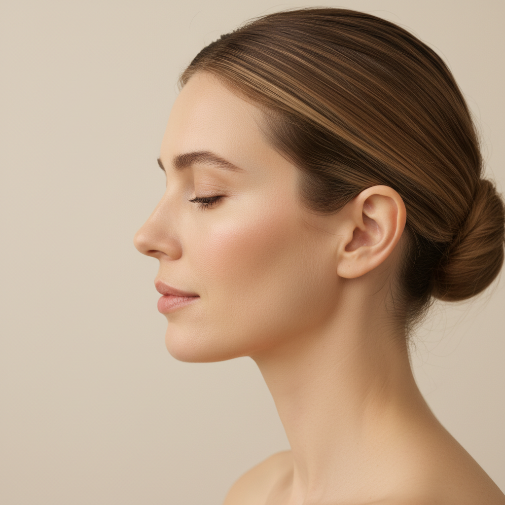 Side profile of a woman in her late thirties with clean, well-defined jawline against a neutral studio backdrop