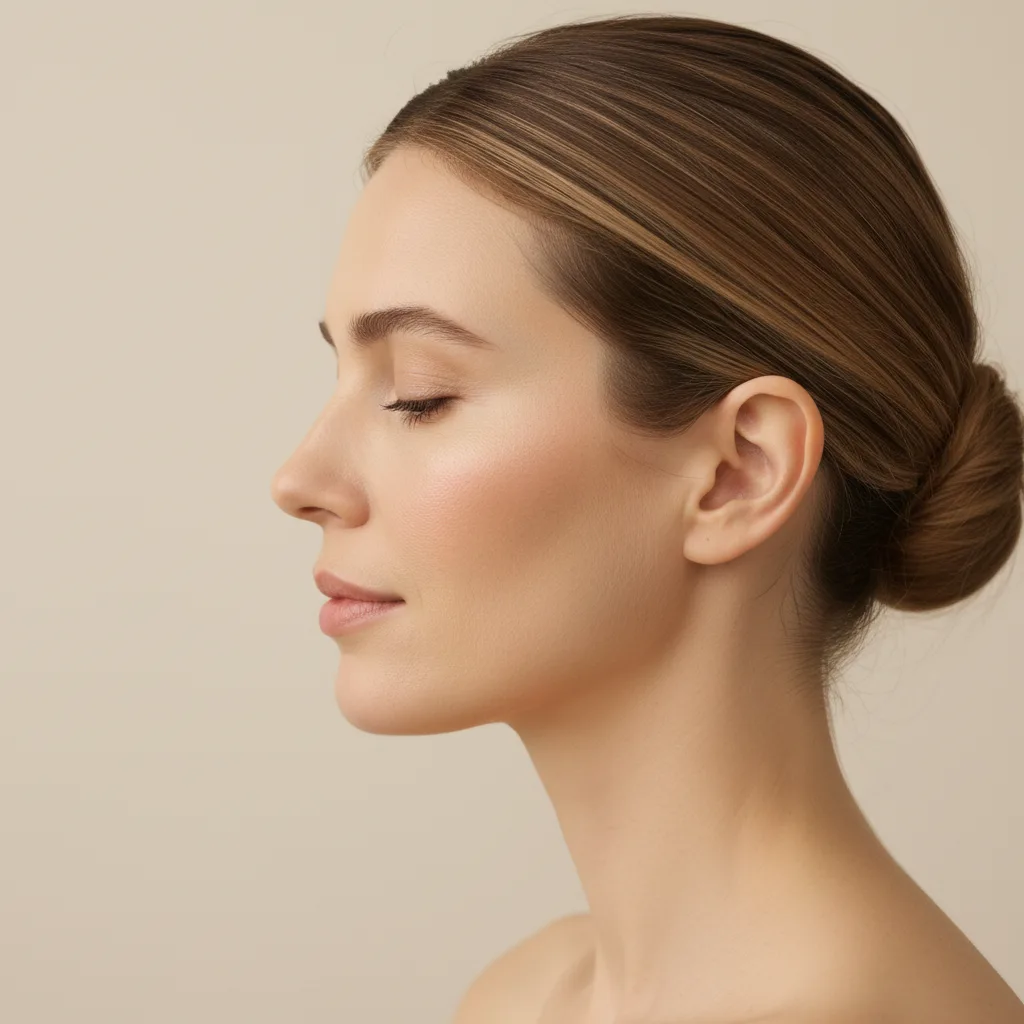 Side profile of a woman in her late thirties with clean, well-defined jawline against a neutral studio backdrop