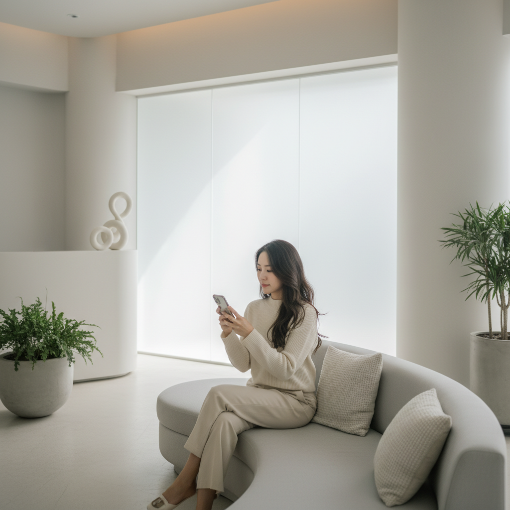 Thai woman reviewing clinic options on smartphone in a minimalist Seoul aesthetic clinic waiting area