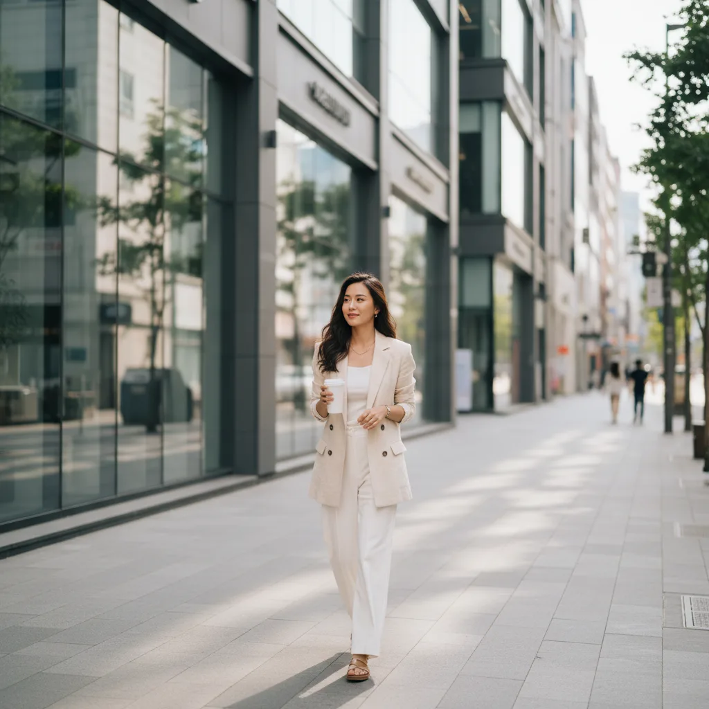 Thai woman in her late twenties with natural makeup and dark hair walking along a Sinnonhyeon commercial street in Gangnam, Seoul, holding a coffee cup, modern clinic buildings in background