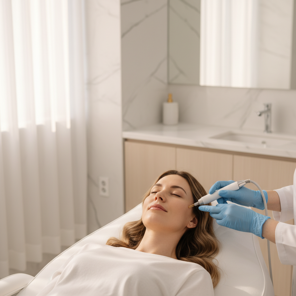 Caucasian woman receiving RF microneedling treatment at a modern Gangnam aesthetic clinic, physician's gloved hands holding the device near her jaw