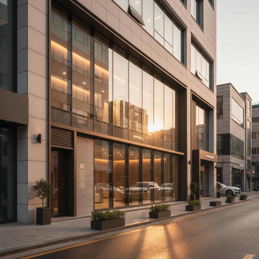 Modern aesthetic surgical clinic exterior in Gangnam district at golden hour, glass facade with soft warm lighting