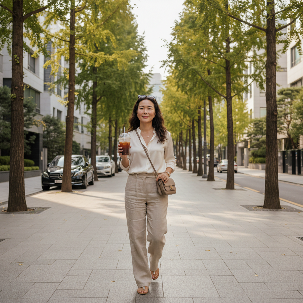 Woman walking on a quiet Cheongdam street in Seoul post-treatment