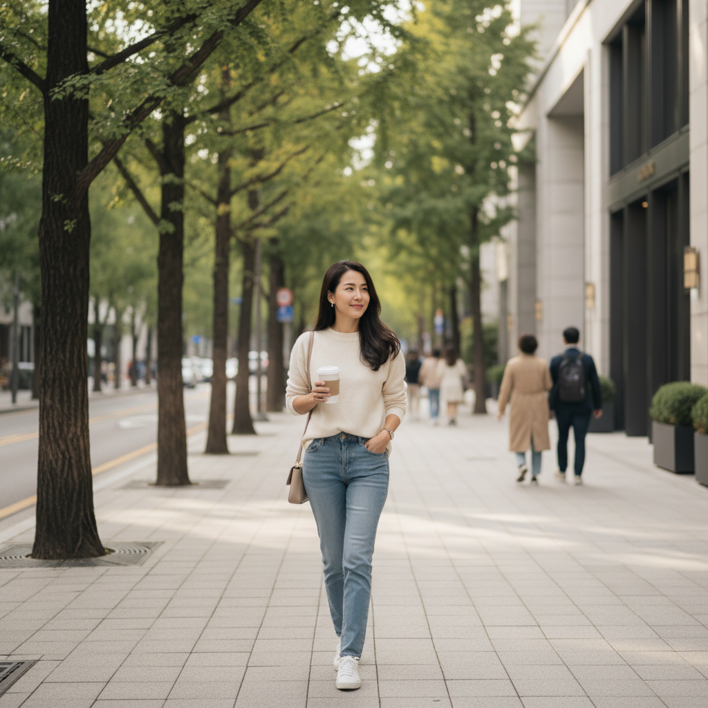 Thai woman in her early thirties walking a tree-lined Cheongdam street in Seoul, holding a coffee, relaxed and confident post-treatment