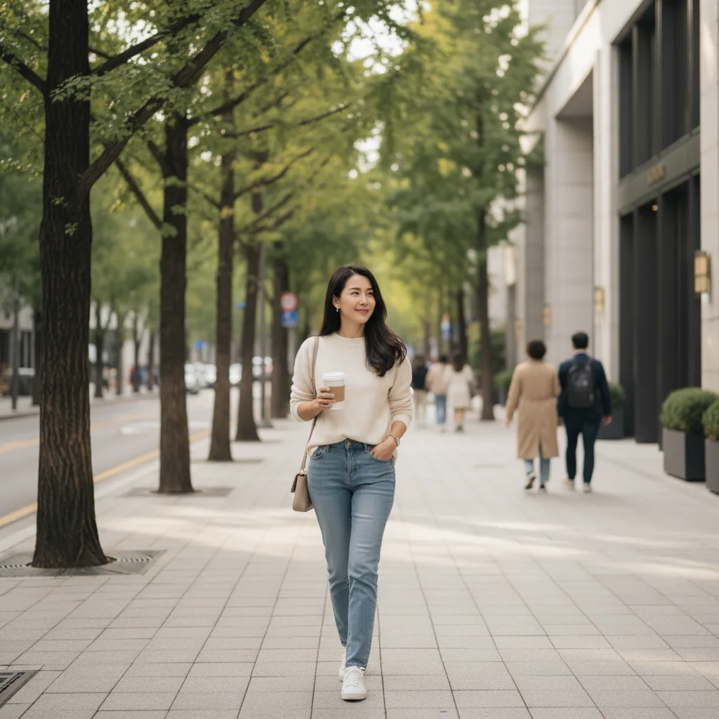Thai woman in her early thirties walking a tree-lined Cheongdam street in Seoul, holding a coffee, relaxed and confident post-treatment