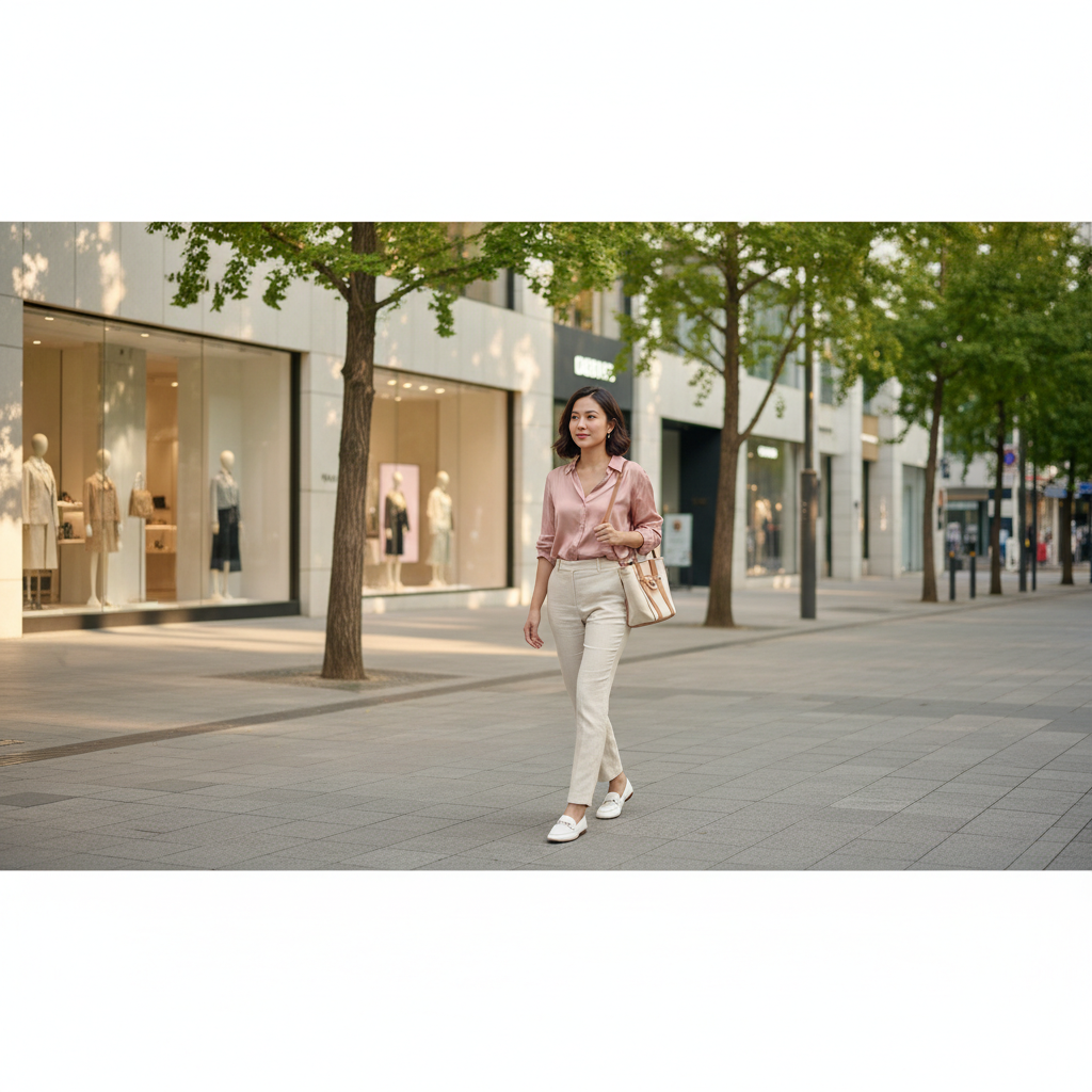 Thai woman walking along a sunlit Apgujeong street post-appointment, carrying a tote bag in afternoon light