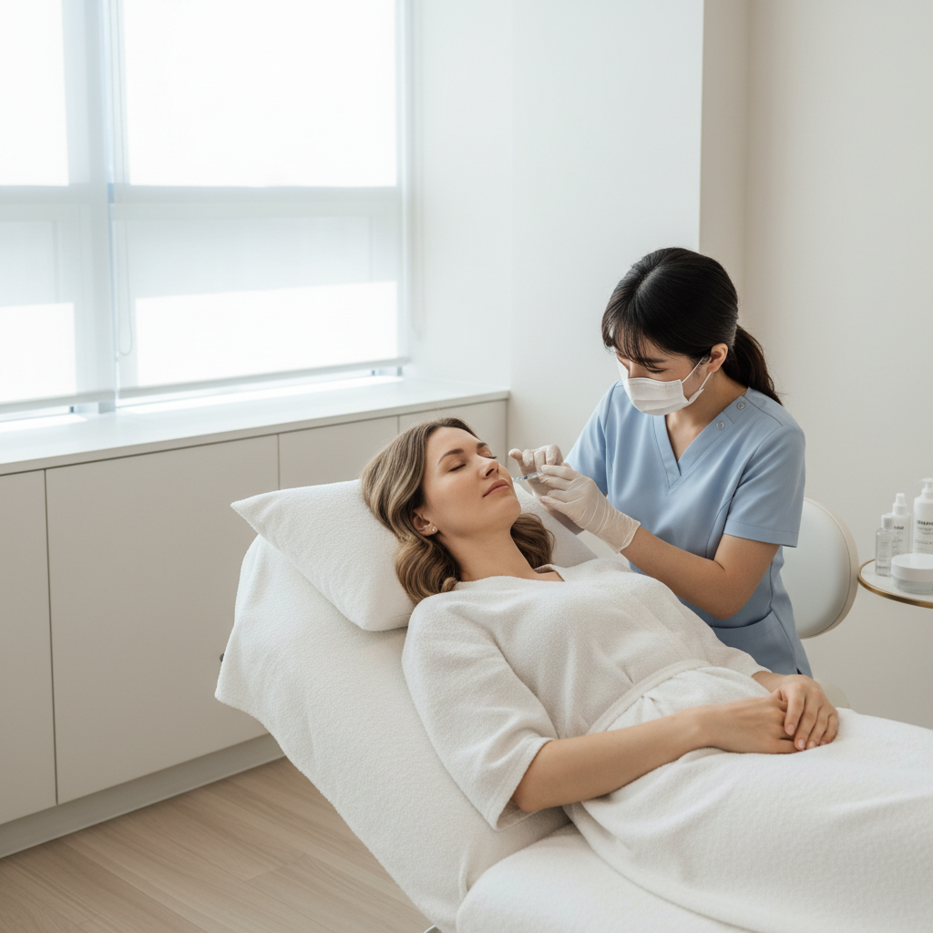 Caucasian woman in her early thirties receiving a gentle facial exosome injection from a gloved practitioner in an Apgujeong aesthetic clinic treatment room