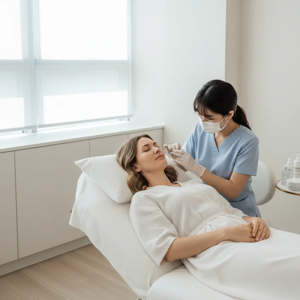 Caucasian woman in her early thirties receiving a gentle facial exosome injection from a gloved practitioner in an Apgujeong aesthetic clinic treatment room