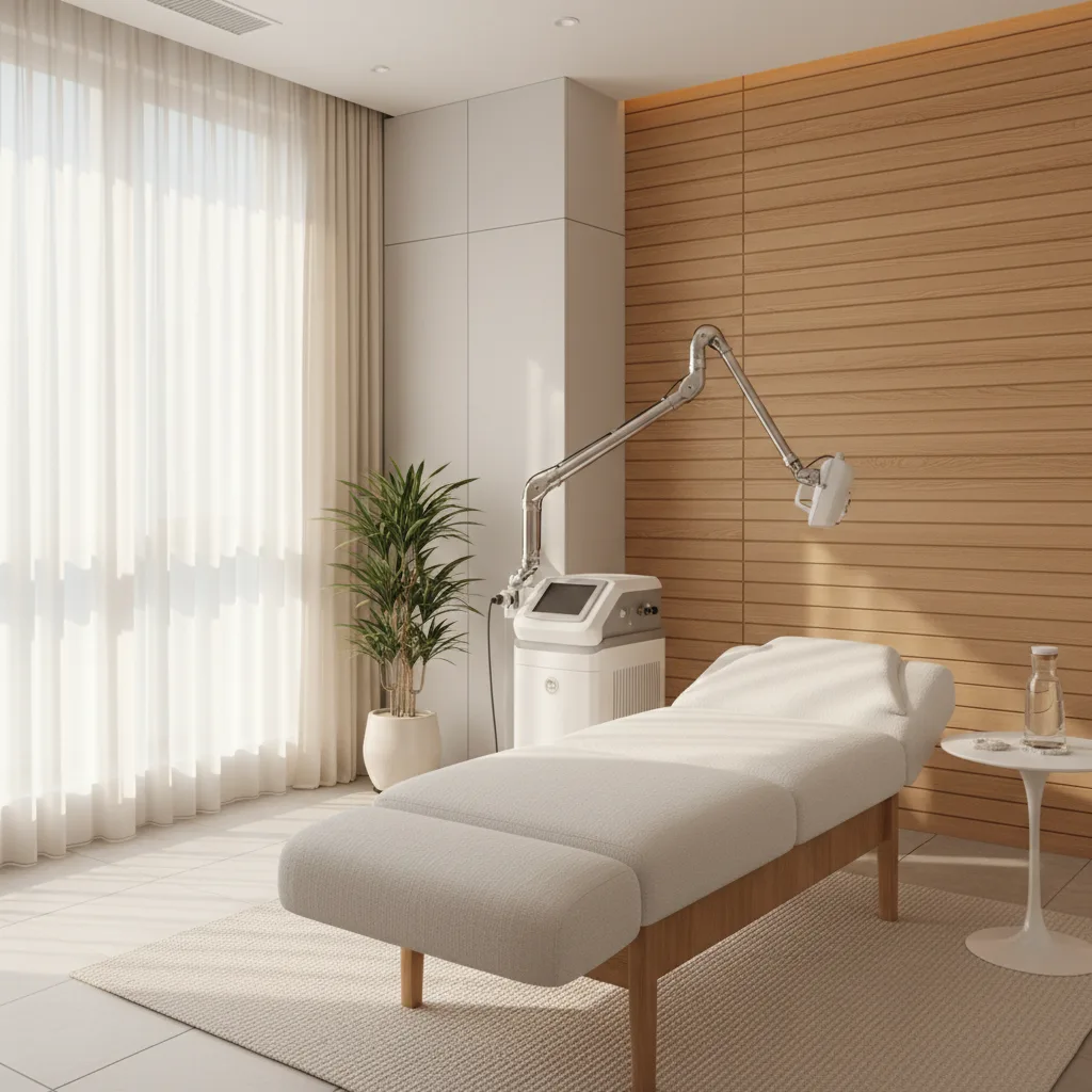 Modern Seoul aesthetic clinic treatment room with a picosecond laser device on an articulated arm
