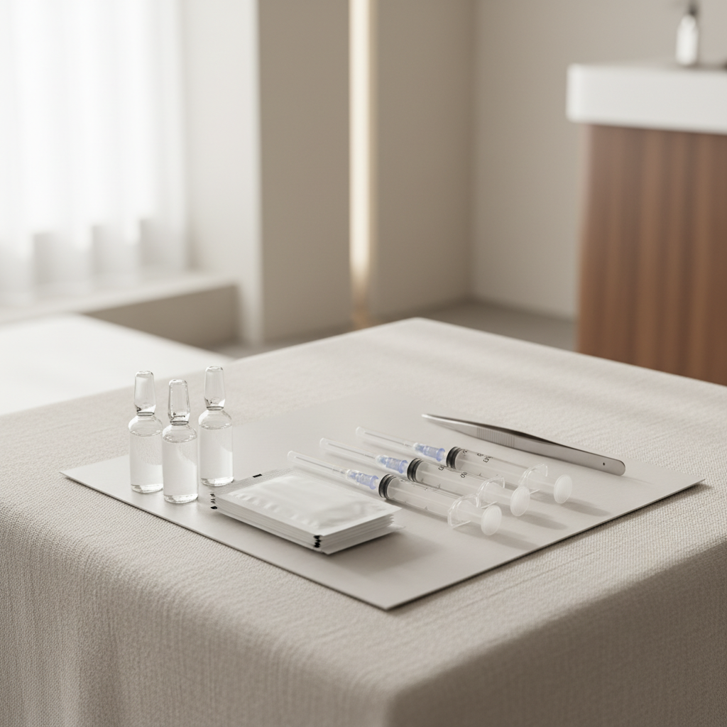 Aesthetic clinic treatment tray with unlabeled glass ampoules, three syringes, alcohol swabs and forceps on a clean linen surface