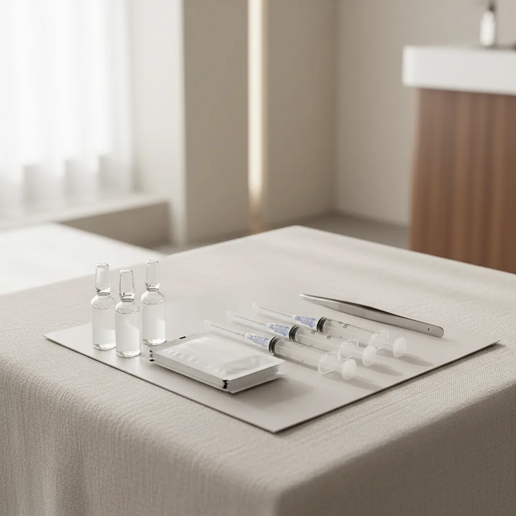 Aesthetic clinic treatment tray with unlabeled glass ampoules, three syringes, alcohol swabs and forceps on a clean linen surface