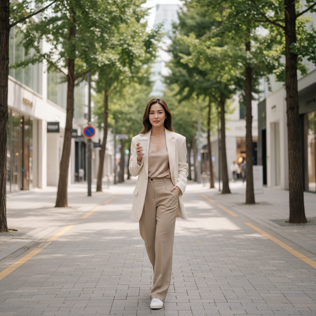 Thai woman with glowing skin walking a tree-lined Apgujeong street in Seoul, holding a coffee cup post-treatment