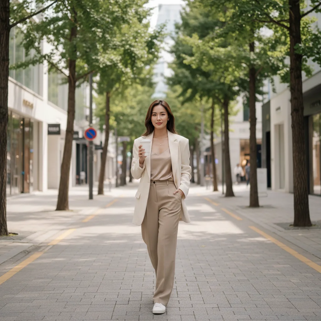 Thai woman with glowing skin walking a tree-lined Apgujeong street in Seoul, holding a coffee cup post-treatment