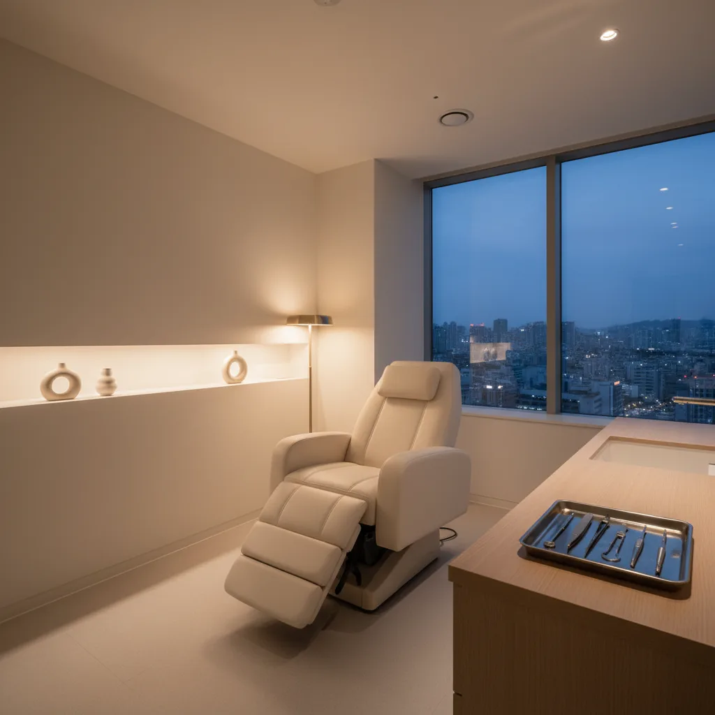 Minimalist treatment room in an Apgujeong aesthetic clinic at dusk, neutral cream interior with a sterile instrument tray on a side counter