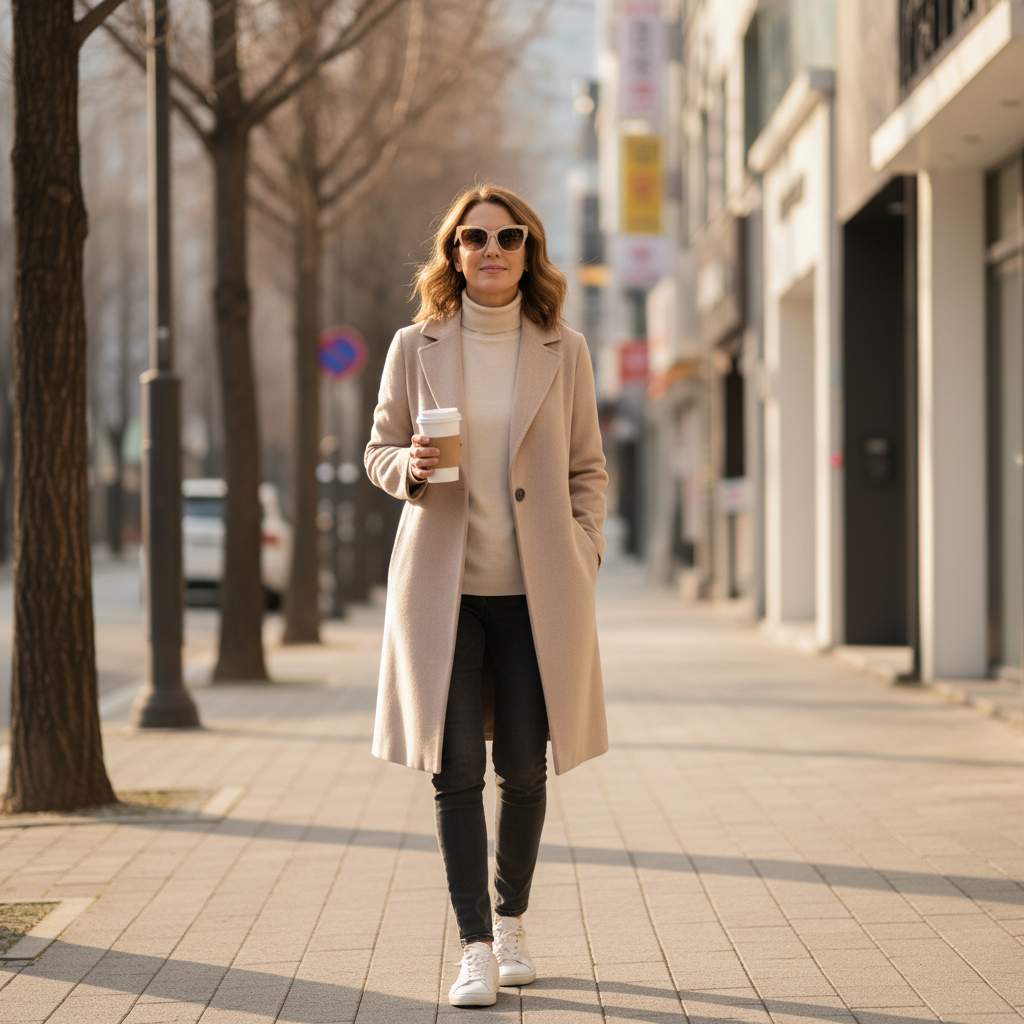 A woman in her early forties walking along an Apgujeong sidewalk in afternoon light, casual coat and sunglasses