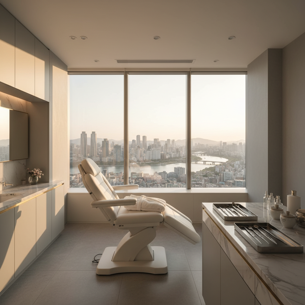 Quiet treatment room in a modern Apgujeong aesthetic clinic at golden hour, marble counter and folded white robe ready for a non-surgical lifting session