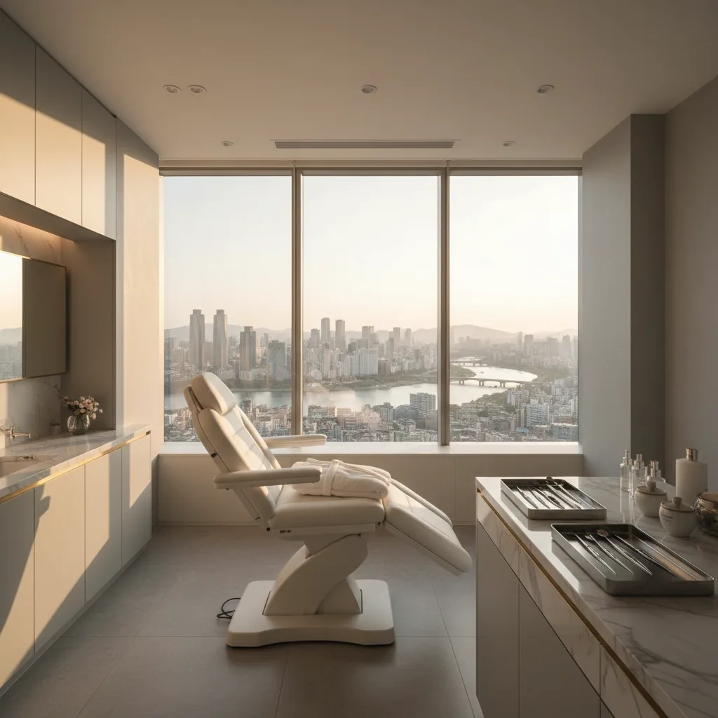 Quiet treatment room in a modern Apgujeong aesthetic clinic at golden hour, marble counter and folded white robe ready for a non-surgical lifting session