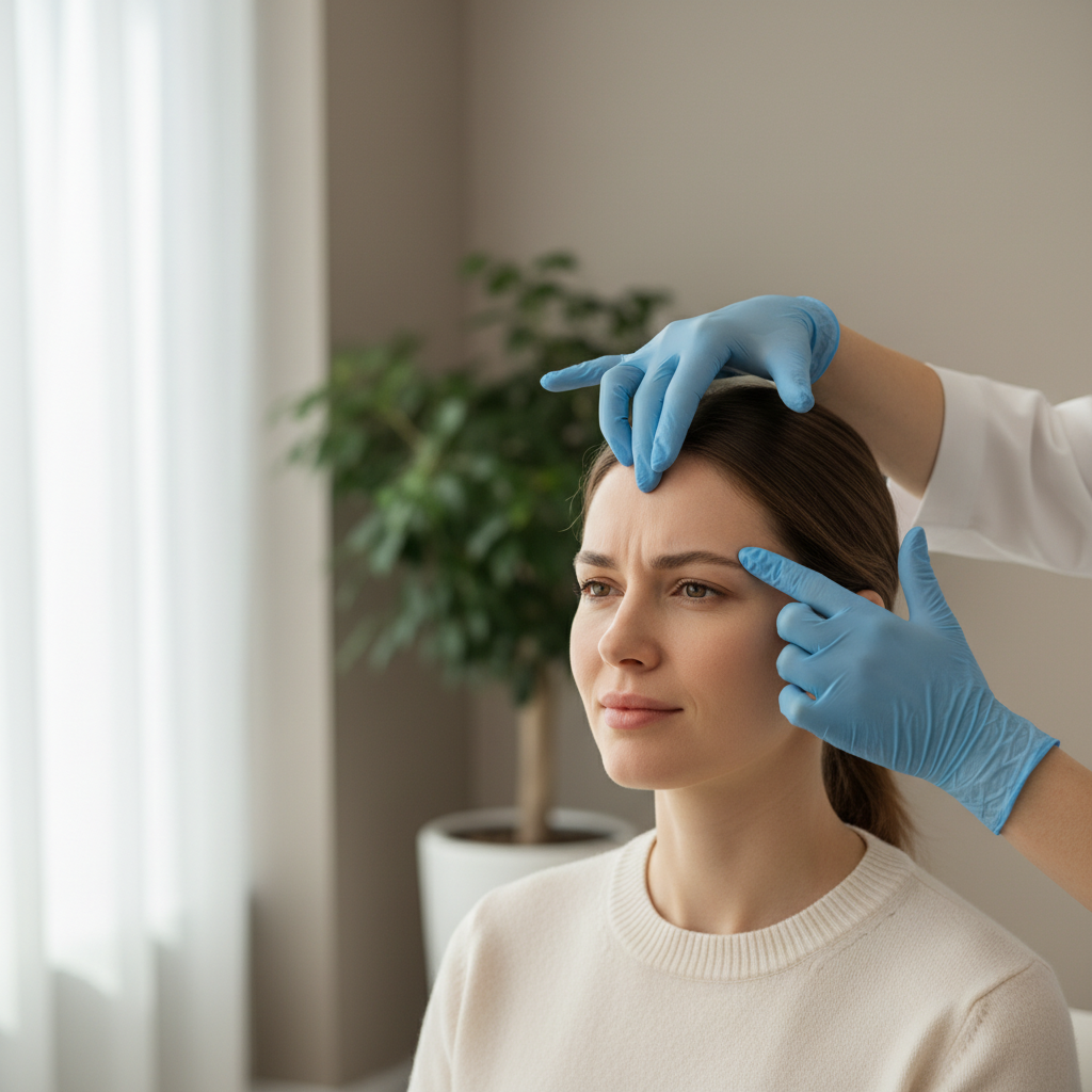 Caucasian woman receiving a forehead Botox consultation at an Apgujeong aesthetic clinic in Seoul