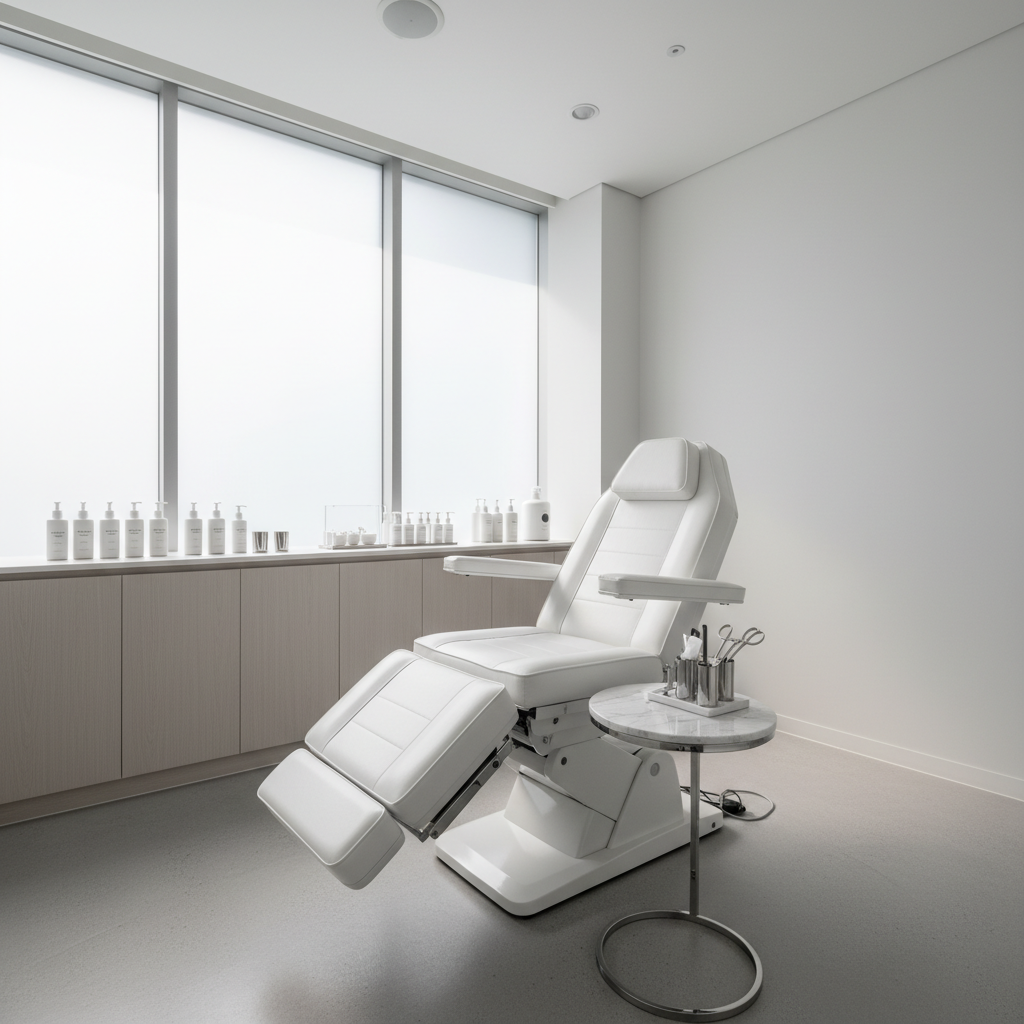 Modern aesthetic clinic treatment room in Gangnam Seoul with minimal white decor and medical recliner chair