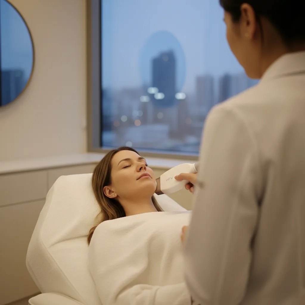 Caucasian woman receiving a HIFU lifting treatment from a clinician at a Gangnam aesthetic clinic in Seoul