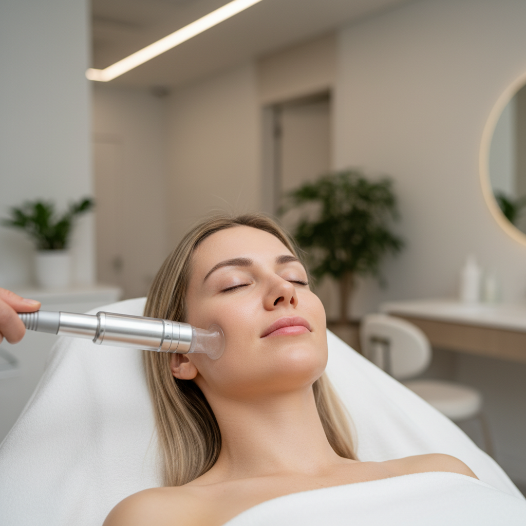 Caucasian woman receiving a HydraFacial treatment at a Seoul aesthetic clinic, treatment device applied to cheek