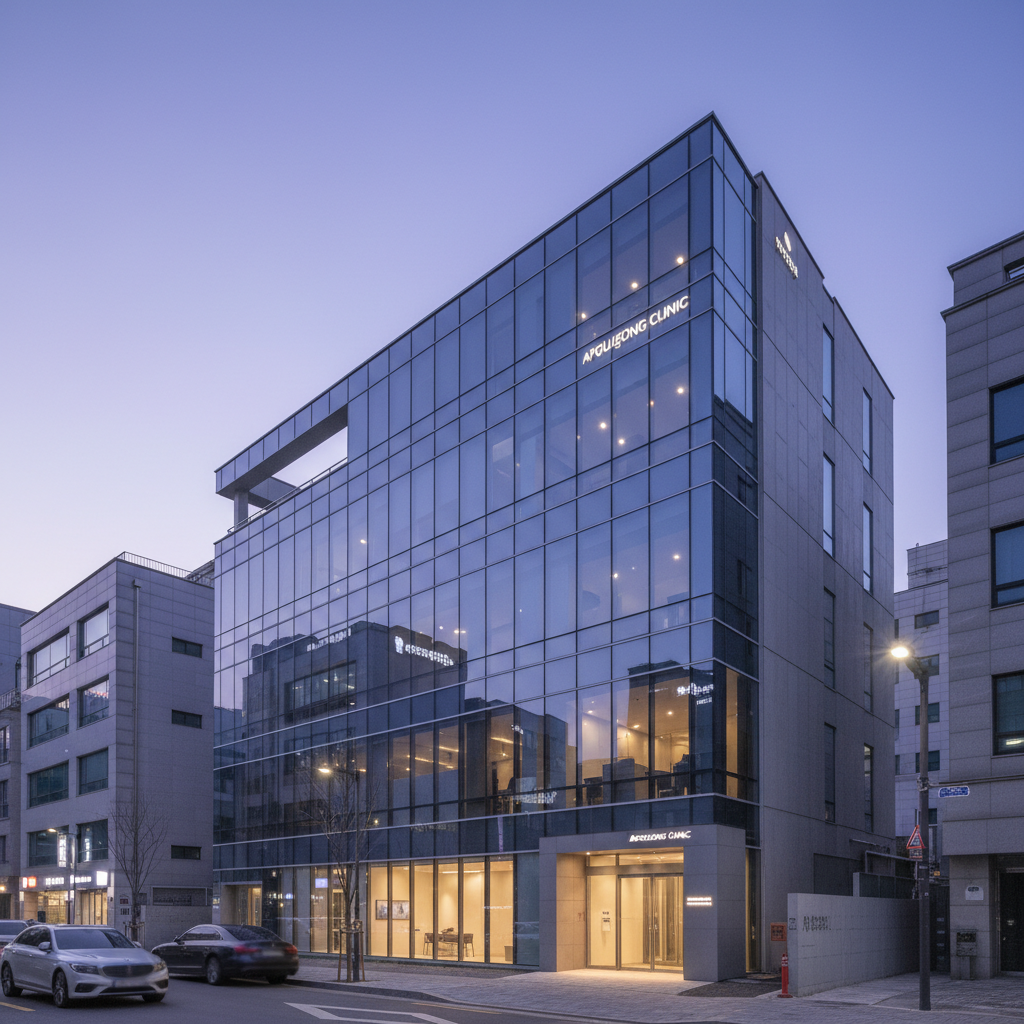 Modern aesthetic clinic exterior at dusk in Apgujeong, Seoul, soft purple-blue evening light and glass facade.