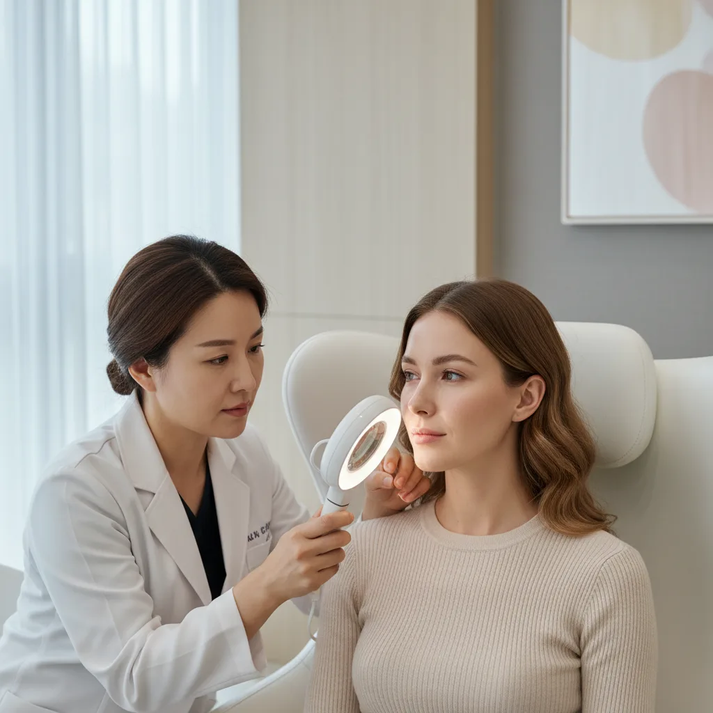 Caucasian woman in her early thirties with light brown hair, seated in a Gangnam aesthetic clinic consultation chair, dermatologist reviewing skin condition under clinical lighting