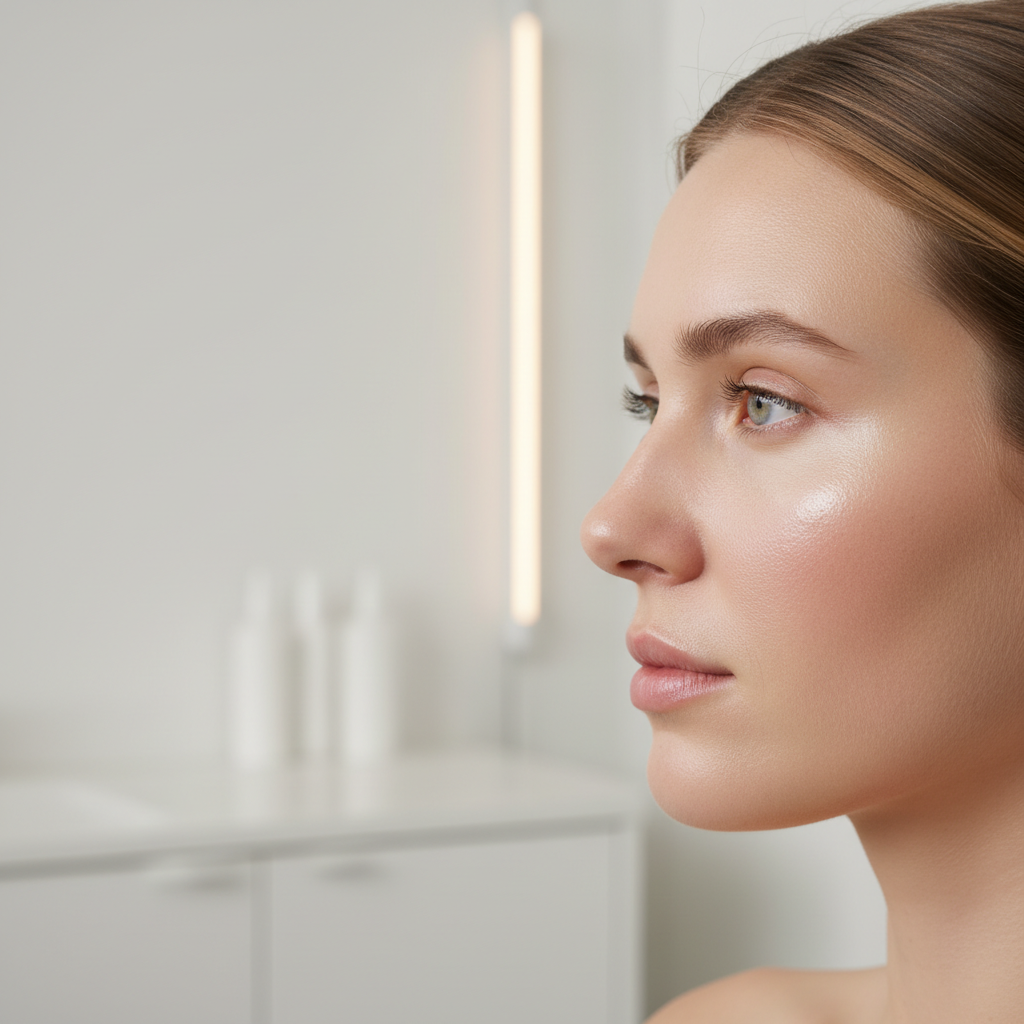 Close-up of a Caucasian woman's jawline and cheek with a healthy post-treatment glow in an Apgujeong Seoul clinic