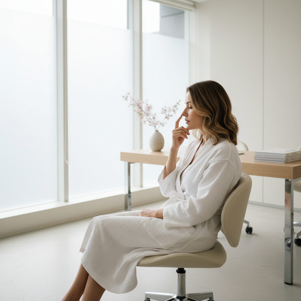 Caucasian woman in her early thirties consulting about rhinoplasty in an Apgujeong clinic, gently touching her nose profile