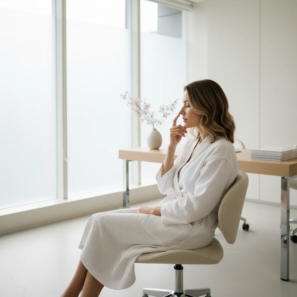 Caucasian woman in her early thirties consulting about rhinoplasty in an Apgujeong clinic, gently touching her nose profile
