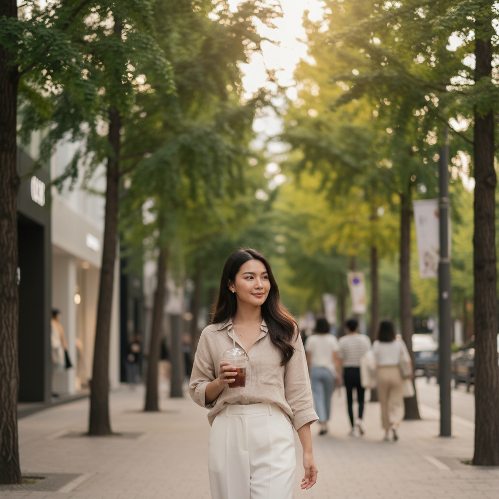 Thai woman walking on a tree-lined Apgujeong street holding an iced coffee, relaxed post-treatment lifestyle moment in Seoul
