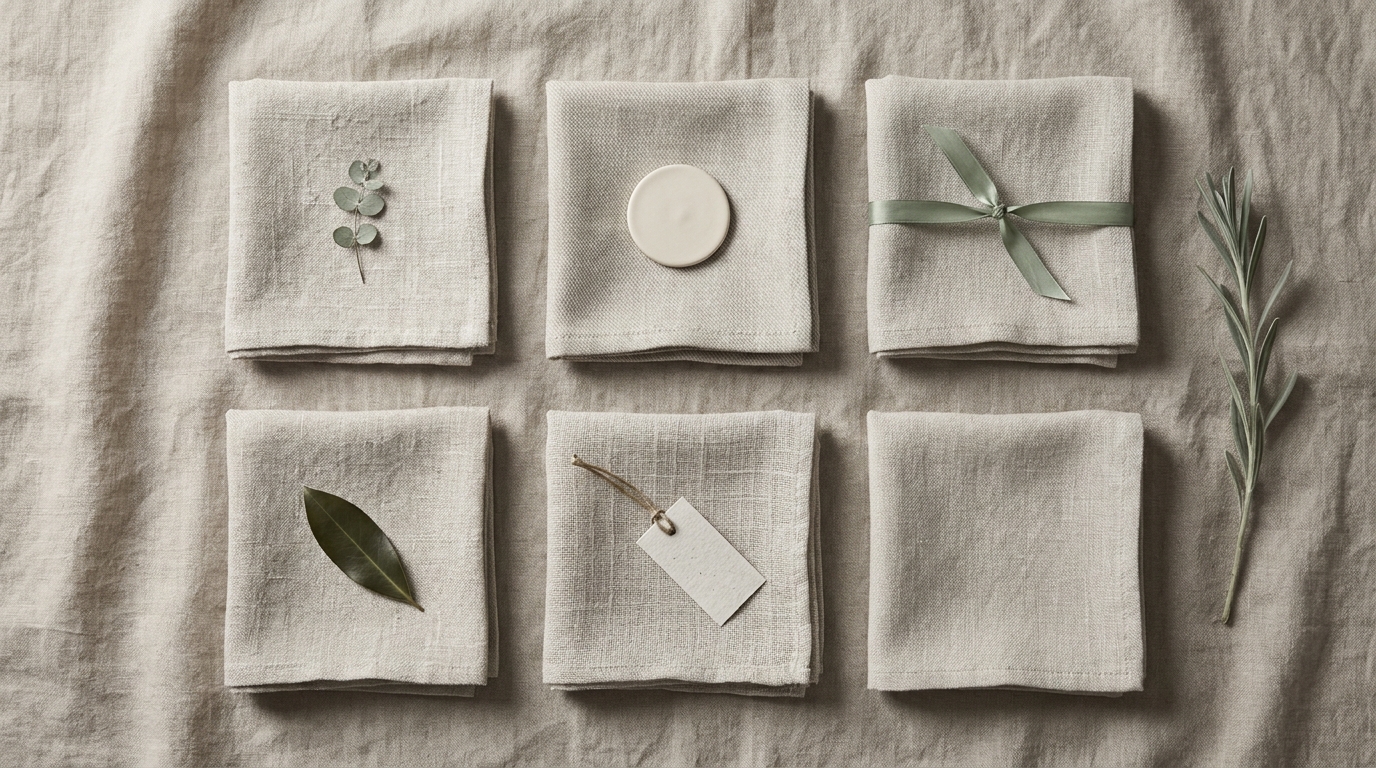 Six folded linen squares in a 3x2 grid each with a different small accent, visual metaphor for the six ranking criteria assessed in parallel