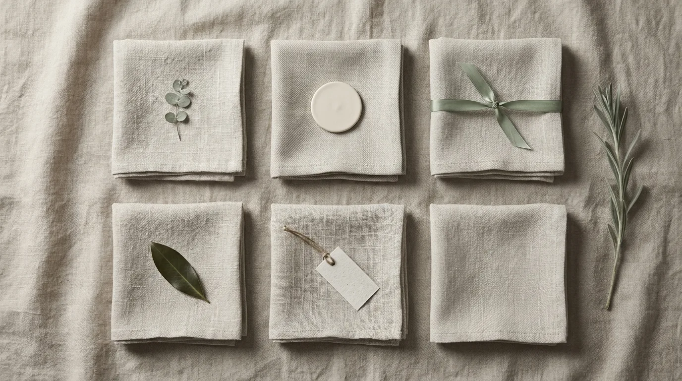Six folded linen squares in a 3x2 grid each with a different small accent, visual metaphor for the six ranking criteria assessed in parallel
