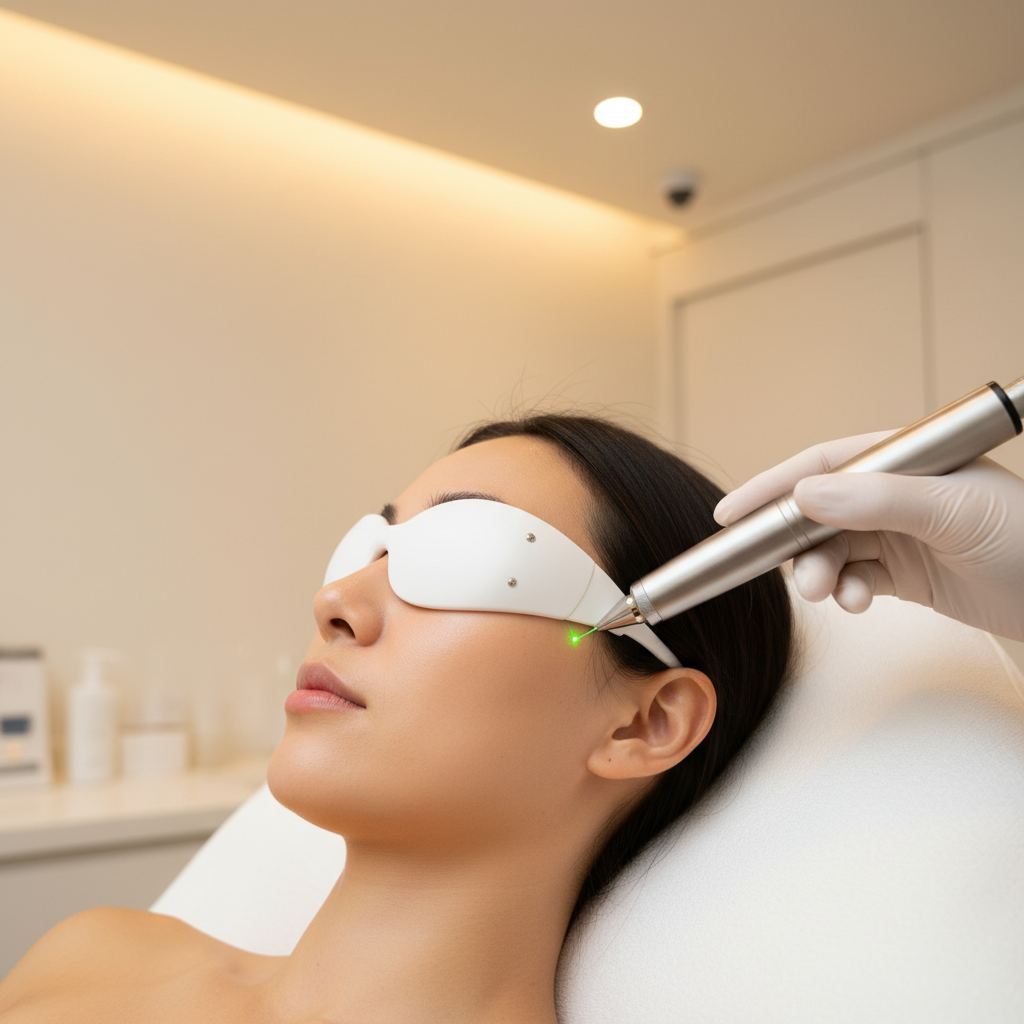 Close-up of a Thai woman wearing protective laser goggles while a clinician holds a picosecond laser handpiece near her cheek in a Seoul clinic