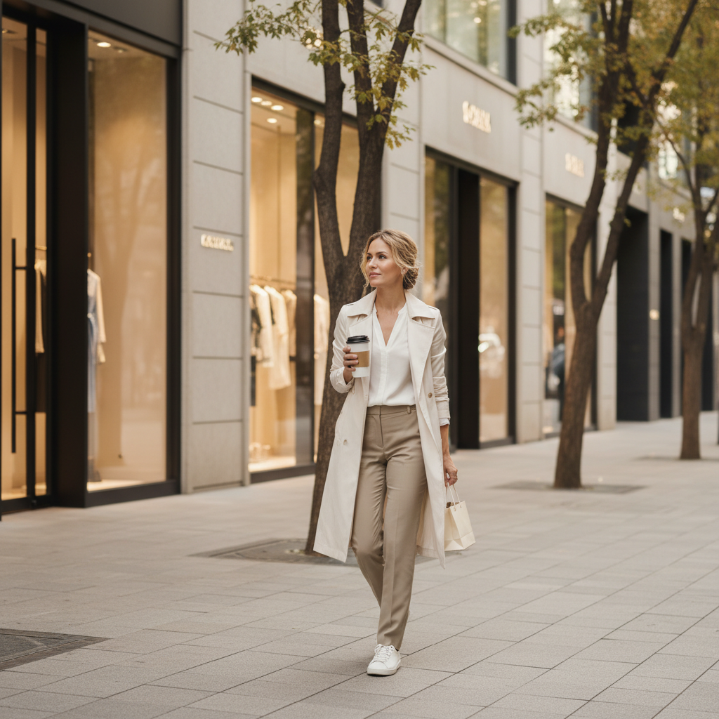 Caucasian woman walking along Cheongdam-dong street in Seoul after a clinic visit, holding a coffee